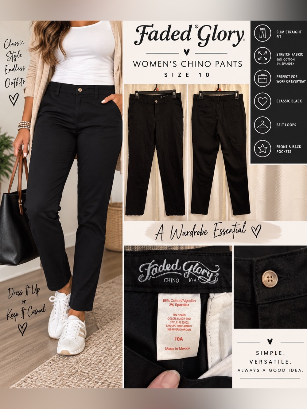 Faded Glory Women’s Black Chino Pants Slim Straight Stretch Size 10